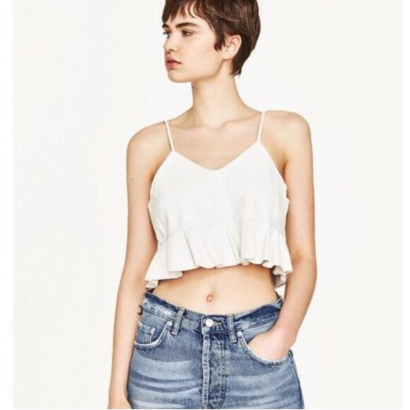 Zara Faux Leather Flutter Hem Crop Top Off White M - Picture 1 of 7